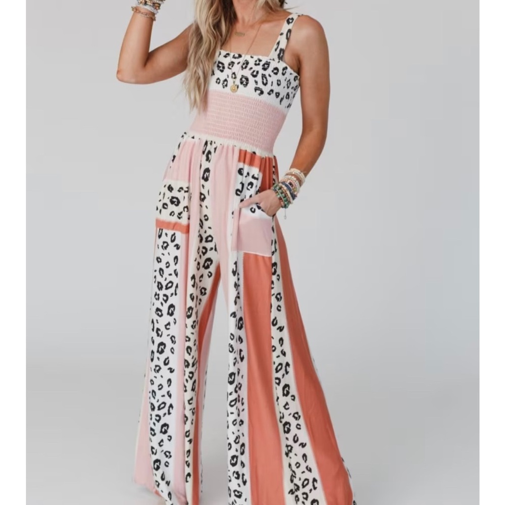 Three Bird Nest Leopard Print Jumpsuit with Coral Accents